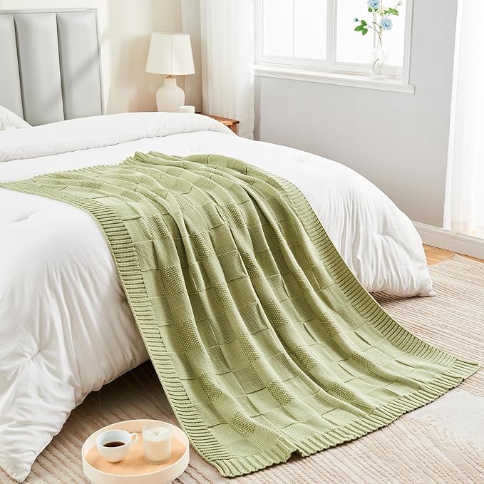 CozeCube Check Knit Throw Blanket, Sage Green Checkered Throw for Couch, Decorative Christmas Soft Cozy Warm Knitted Blanket for Bed Sofa Living Room, 60"X80"-Ruum Studio Home