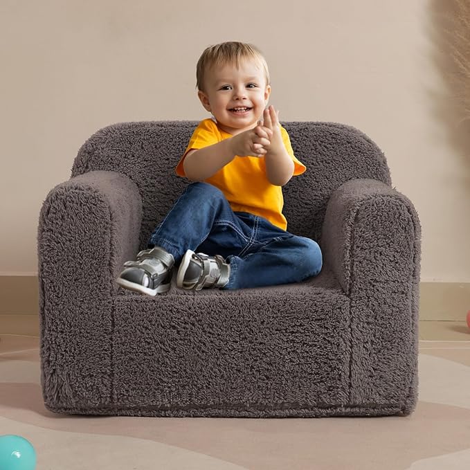 Kids Snuggly-Soft Sherpa Chair, Cuddly Toddler Foam Chair for Boys and Girls, Grey-Ruum Studio Home