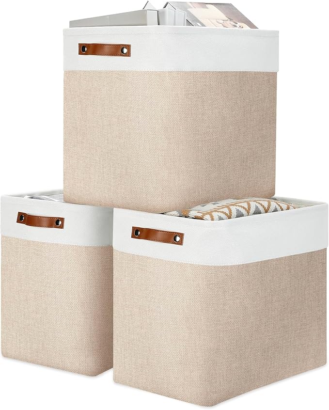 DULLEMELO Large Storage Baskets for Organizing, Canvas Storage Bins Big Baskets With Handles for Shelf Clothes Empty Gift Basket (White&Khaki)-Ruum Studio Home