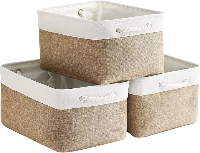 Fabric Storage Baskets - Rectangular Baskets for Organizing Fabric, Shelves & Decorative Use (White & Khaki)-Ruum Studio Home