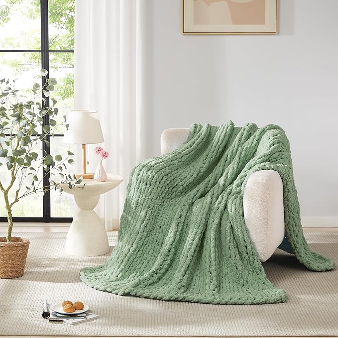 L'AGRATY Chunky Knit Blanket Throw: 72''x84'' Chenille Chunky Knitted Throw Blanket for Bed Couch - Handmade Thick Big Cable Knit Blanket - Large Chunky Crochet Blanket for Home Decor(Sage Green)-Ruum Studio Home