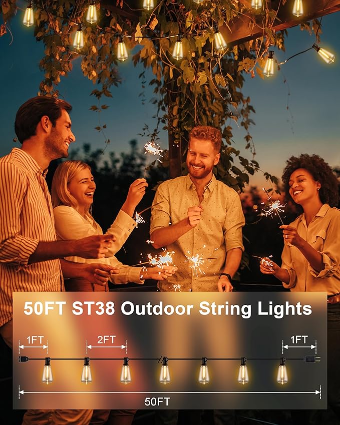 Outdoor String Lights - 50FT LED Patio Lights with 27 Shatterproof Waterproof Bulbs, Connectable Dimmable Edison IP65 ST38 Outside Lights for Garden, Balcony, Porch, Backyard, Deck, Home Decor-Ruum Studio Home
