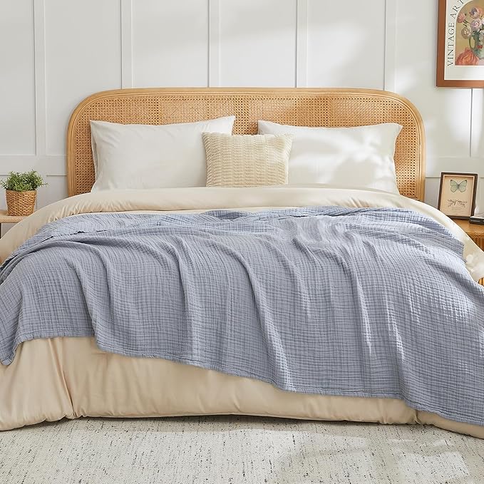 EMME Cotton Muslin Throw Blanket Couch Breathable Gauze Blanket Soft Lightweight Blankets Adults (Dusty Blue, 50"x60")-Ruum Studio Home