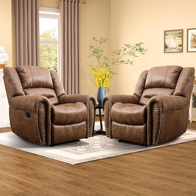 CANMOV Leather Recliner Chair Set of 2, Classic and Traditional Manual Recliner Chair with Comfortable Arms and Back,Manual Single Recliner Sofa for Living Room, Nut Brown-Ruum Studio Home
