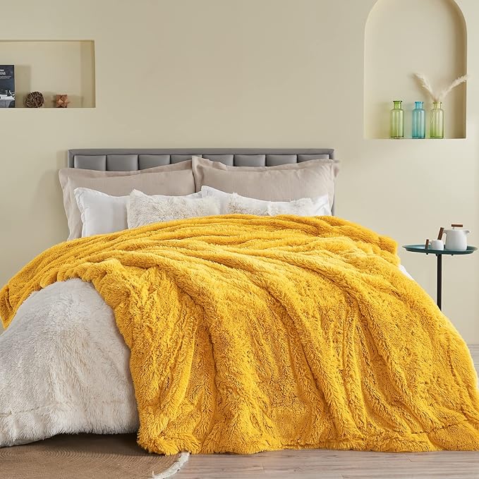 GONAAP Fuzzy Faux Fur Throw Blanket Twin Size Mustard Yellow Super Soft Cozy Plush Fuzzy Shaggy Blanket for Couch Sofa Bed (Mustard Yellow, Twin(60"x80"))-Ruum Studio Home