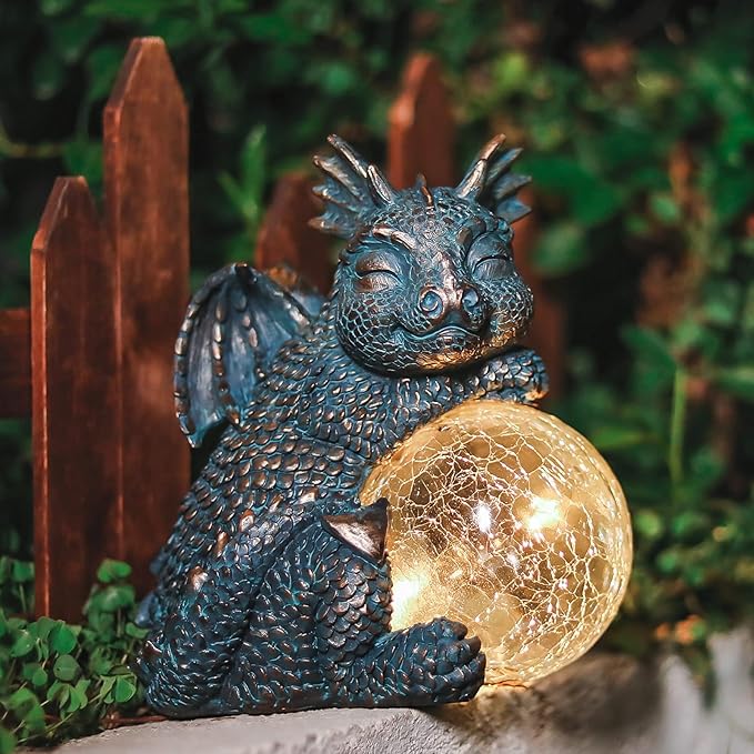 WONDER GARDEN Dragon Statue - Sleeping Dragon Figurines Solar Light Resin Garden Statues with Crackled Glass Globe Outdoor Waterproof Lawn Ornament Decor-Ruum Studio Home