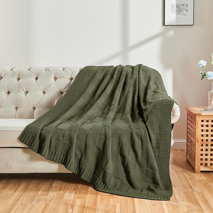 CozeCube Check Knit Throw Blanket, Olive Green Checkered Throw for Couch, Decorative Christmas Soft Cozy Warm Knitted Blanket for Bed Sofa Living Room, 60"X80"-Ruum Studio Home