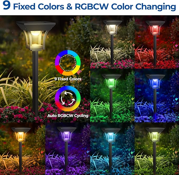 CINOTON 6 Pack RGBCW Solar Pathway Outdoor Lights, 3 Lighting Modes Solar LED Garden Light, IP65 Waterproof Outside Solar Powered Landscape Lighting for Patio Walkway Yard Driveway RGB/Warm/Cold White-Ruum Studio Home