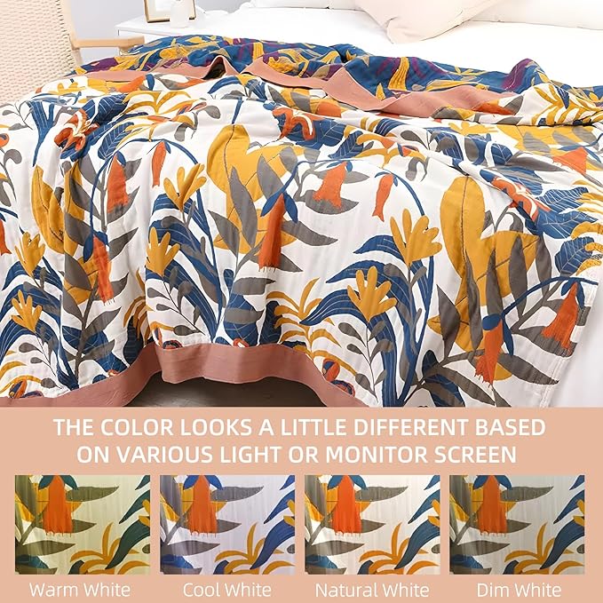 Boho Throw Blanket for Bed - 100% Pure Cotton Ultra Soft Rustic Quilt - Farmhouse Decor Bed Blankets, All Season Rustic Throw for Sofa Couch Chair(80''x 90'', Floral Sea)-Ruum Studio Home