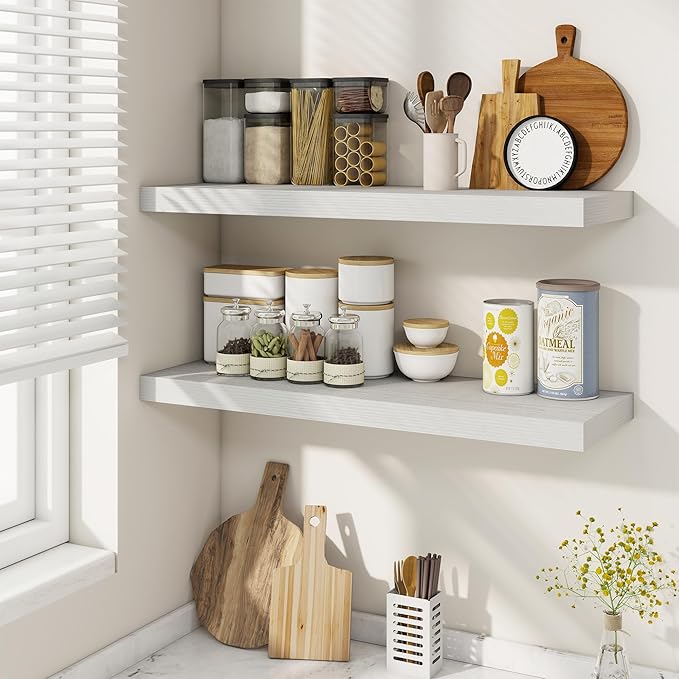 Fun Memories Floating Shelves for Wall, 30 Inch Rustic Wood Wall Mounted Shelves for Bathroom, Bedroom, Kitchen, Living Room, Deep Floating Shelves for Storage & Home Decor (White, Set of 2)-Ruum Studio Home
