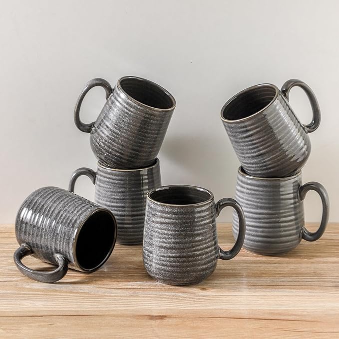 Hasense Ceramic Coffee Mugs Set of 6, Large Coffee Cups 12 oz, Latte Mug with Large Handle for Coffee, Tea, Milk and Hot Cocoa, Easy Hold & Clean, Dishwasher & Microwave Safe, Grey-Ruum Studio Home