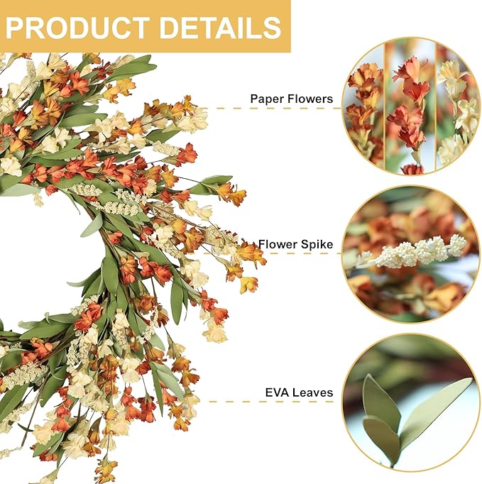 Artgar Fall Wreath, Fall Wreaths for Front Door, 24 in Fall Decor Floral Wreath, Door Wreaths for Front Door Outside All Season for Thanksgiving Home Indoor Outdoor Wall Decor (White Orange Yellow)-Ruum Studio Home