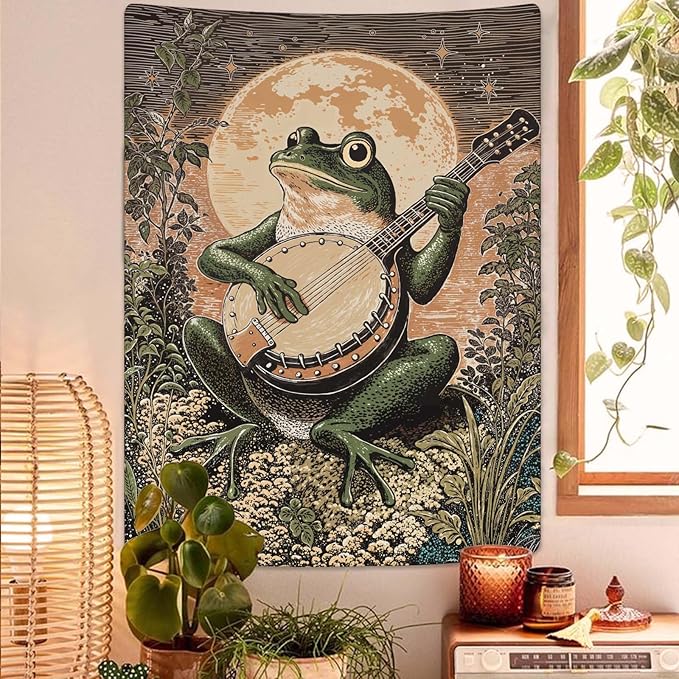 Lunerfex Moonlit Banjo Frog Wall Tapestry, Whimsical Amphibian Musician Tapestries for Room Decor, Folk Art Tapestry 60L x 80W-Ruum Studio Home