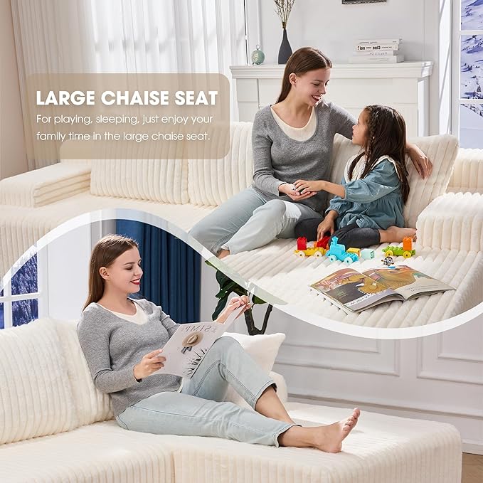 Hobestluk 96“ Modular Sectional Sofa Couches L-Shape Couch 3 Seat Modular Sofa Memory Foam Sectional Couches for Living Room, Cloud Couch with Oversized Chaise (White, Stripe (Right Facing Chaise))-Ruum Studio Home