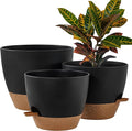 FaithLand 3-Pack Large Planter Pots, 12 10 9 Inch Self Watering Flower Pots for Indoor Outdoor Garden Plants, Black with Brown-Ruum Studio Home