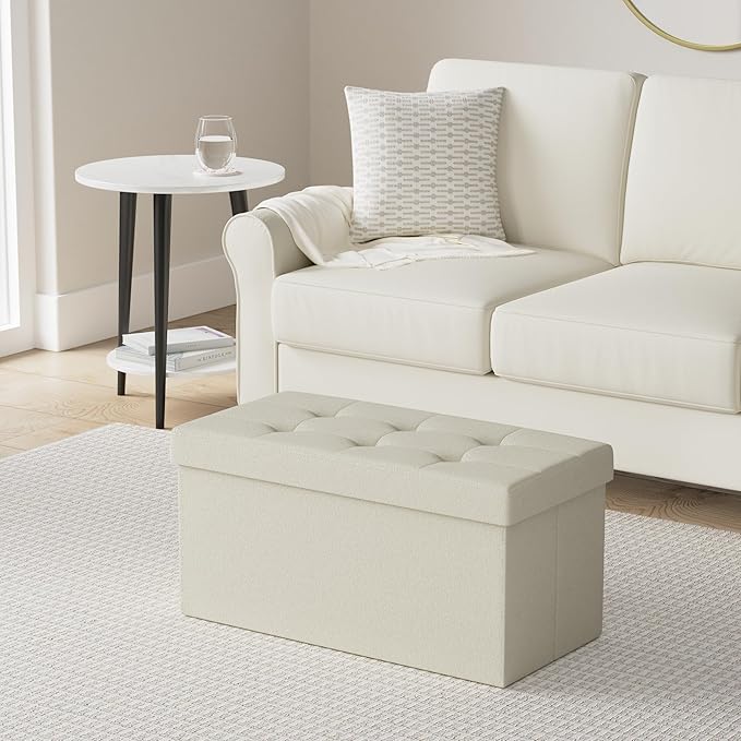 SONGMICS MAZIE Collection - 30 Inches Folding Storage Ottoman Bench, Ottoman Foot Rest, End of Bed Bench, Storage Chest, Load 660 lb, for Living Room, Bedroom, Entryway, Cream White ULSF47BE-Ruum Studio Home