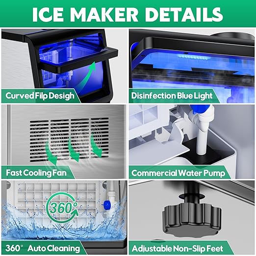 Commercial Ice Maker Machine 130Lbs/24H with 30Lbs Ice Capacity, 45Pcs Clear Ice Cubes Ready in 8-15Mins, Stainless Steel Under Counter Freestanding Large Ice Machine, 2 Water Inlet Modes-Ruum Studio Home