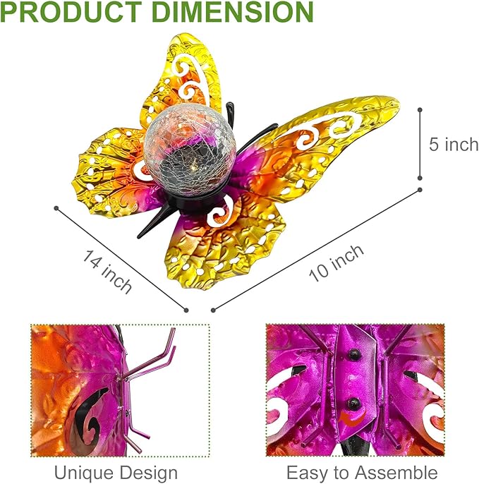 Solar Lights Outdoor Garden Butterfly Decor, Metal Butterfly Statue Decoration with LED Crackle Glass Globe, Solar Powered Lighted Garden Art Decor for Patio Lawn Yard Pathway Tabletop Ground-Ruum Studio Home