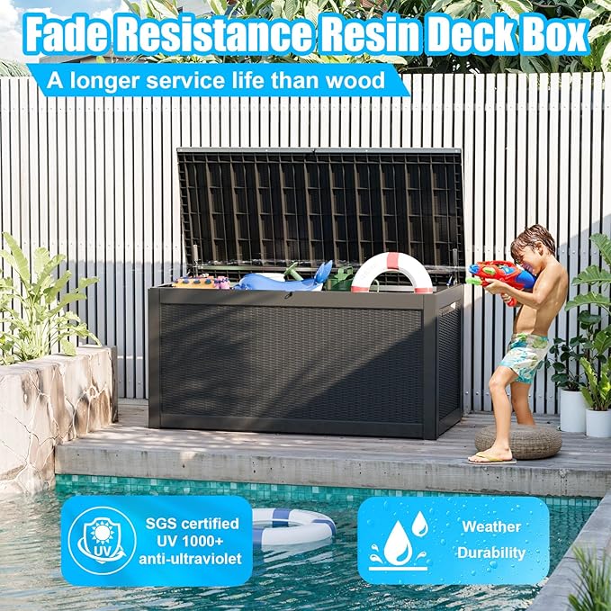 260 Gallon Large Resin Deck Box, Lockable Outdoor Storage Box for Patio Cushions Storage Furniture,Garden Tools, Pool Supplies, Weatherproof and UV Resistant-Black Rattan (260 Gallon)-Ruum Studio Home