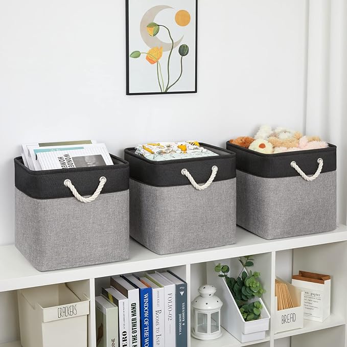 Bidtakay Fabric Cube Storage Bins for Organizing 13x13 Large Storage Baskets Decorative Storage Bins for Home Storage Set of 3 Shelf Organizer Bins for Toy Storage (Black&grey)-Ruum Studio Home