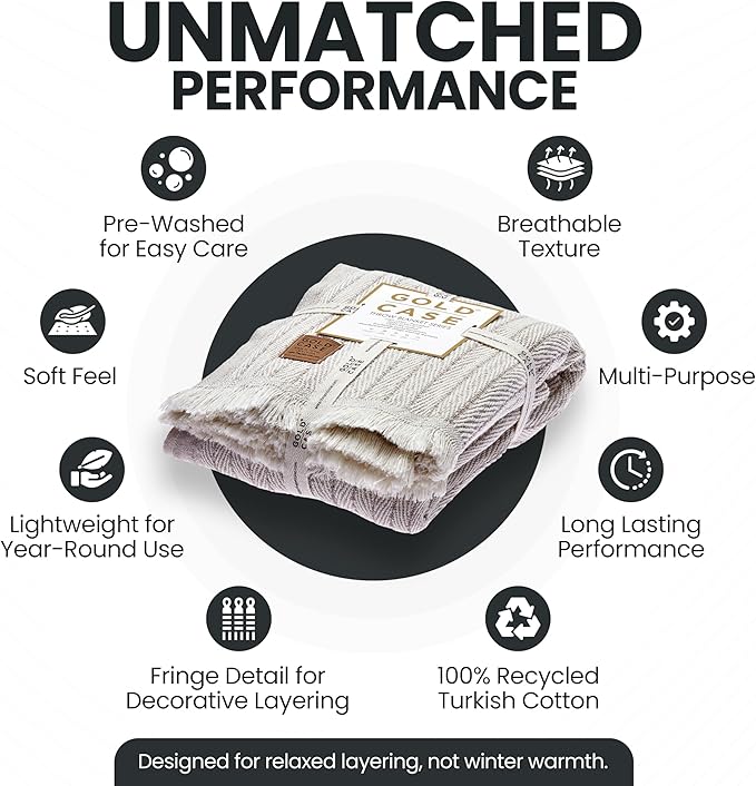 Gold Case Throw Blanket for Couch – 100% Recycled Turkish Cotton Blankets & Throws – Elegant Decorative Throw Blankets for Living Room Sofa – Woven Throws for Couch – Vintage Beige – 50x60-Ruum Studio Home