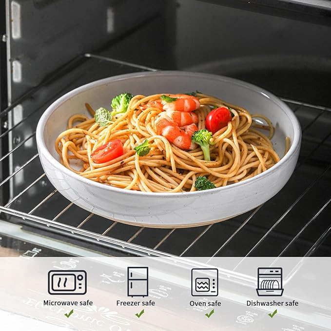 Pasta Bowls 26 OZ,Ceramic Salad Serving Bowls Set of 4,Large 8.2 inch Shallow Bowls Plates for Soup,Fruit,Noodle,Dinner,Dishwasher & Microwave Safe,White-Ruum Studio Home