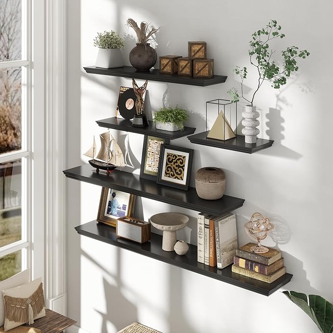Floating Shelves for Wall, 48 Inch Long Wall Mounted Black Hanging Shelf for Kitchen, Living Room, Office, Bedroom, Bathroom, Retro Vintage Wood Bookshelf for House Decor-Ruum Studio Home