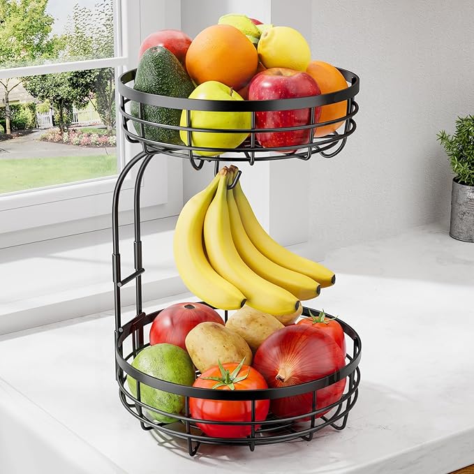 Fruit Basket for Kitchen Counter - 2-Tier Large Capacity Fruit Bowl with Detachable Banana Hanger, Rust-Proof Metal Fruit Holder for Vegetables, Bread, Toiletry,10" D x 10" W x 14" H, Black-Ruum Studio Home