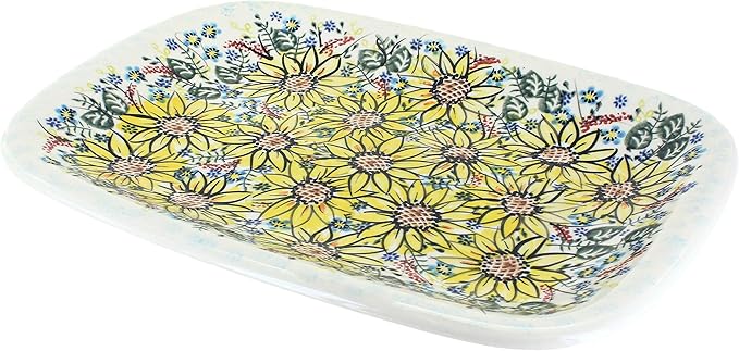 Blue Rose Polish Pottery Sunflower Maze Large Rectangular Serving Platter-Ruum Studio Home
