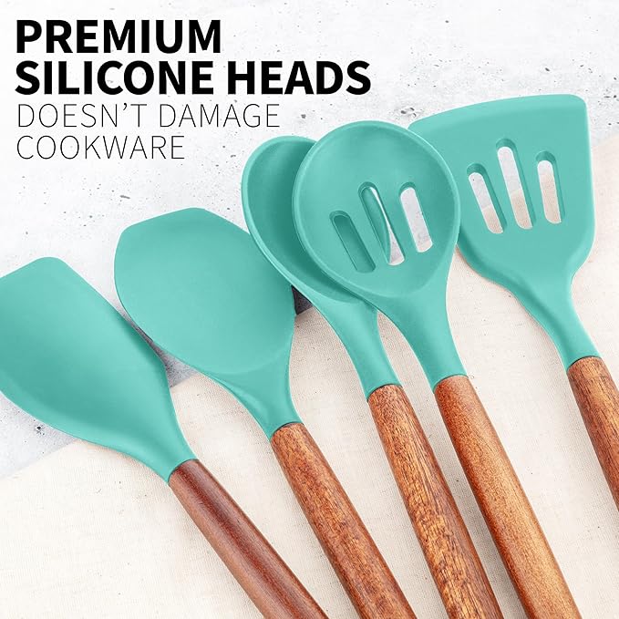 Zulay Kitchen Non-Stick Cooking Utensils Set with Authentic Acacia Wood Handles – 5-Piece Durable & Stylish Silicone Kitchen Utensils Set – Heat Resistant to 464°F – Mint-Ruum Studio Home
