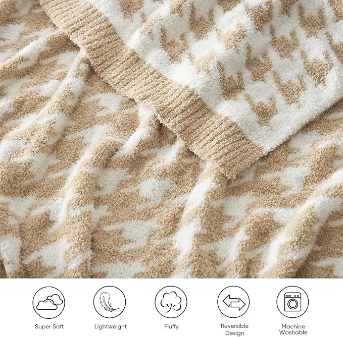 Snuggle Sac Throw Blanket for Couch, Reversible Super Soft Warm Blankets Cozy Knit Fuzzy Plush Lightweight Throws for Sofa, Bed, Camping,Houndstooth Beige,50x60 inches-Ruum Studio Home