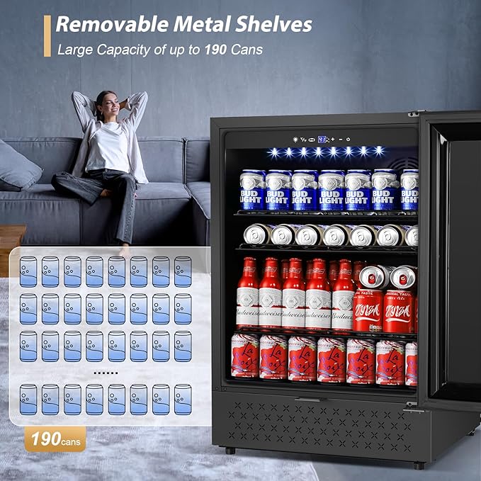 Tylza Beverage Refrigerator 24 Inch, Under Counter/Freestanding Drink Fridge, 190 Cans Beverage Cooler with Glass Door, Reversible Door, Low Noise, Quick Cooling - for Beer, Soda, ETC, Black-Ruum Studio Home
