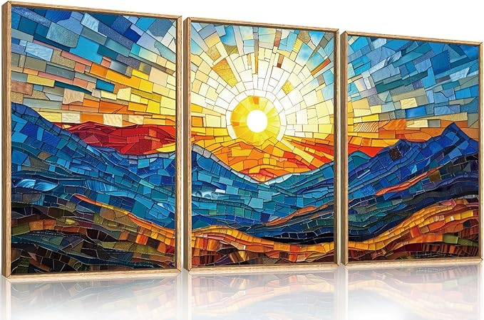 Mountains Framed Canvas Wall Art Set, Modern Abstract Art Painting, Irregular Square Ridge Wall Decor, Sunrise Art Print for Living Room, Bathroom, Bedroom, Office - 16"x24"x3-Ruum Studio Home