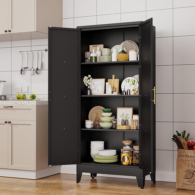 61" H Metal Kitchen Pantry Storage Cabinet, Freestanding Cupboard with 2 Doors and 3 Adjustable Shelves, Standing Storage for Kitchen, Bathroom, Garage, Dinning Room or Utility Room（Black）-Ruum Studio Home