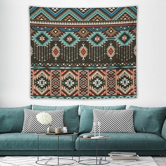 HZOHNAGO Aztec Tapestry Turquoise Blue and Brown and Native American Tribal Pattern Printed Wall Tapestry Wall Hanging for Bedroom Living Room Dorm 60" W x 50" H-Ruum Studio Home