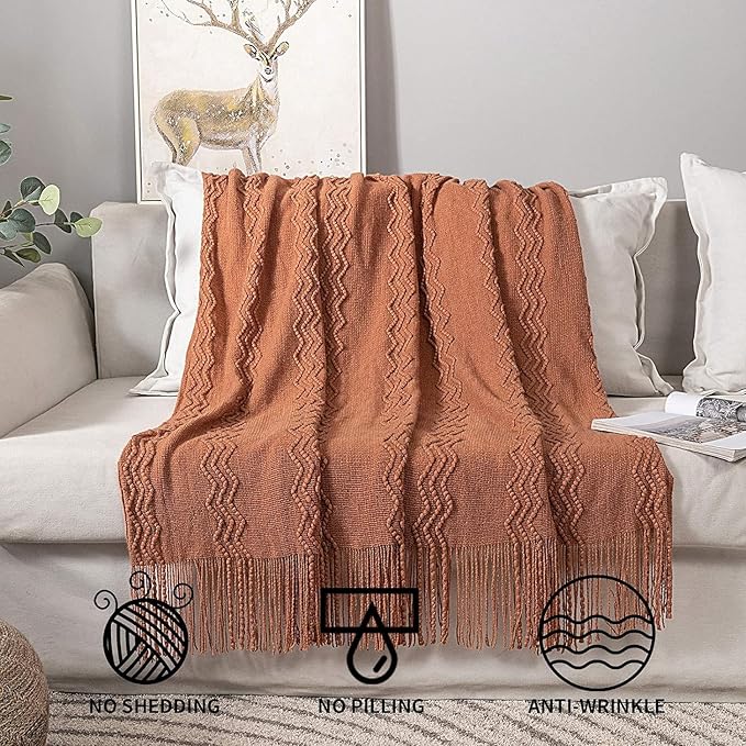 MIULEE Fall Orange Knitted Throw Blanket for Couch Boho Terracotta Rust Textured Cozy Woven Blanket with Tassels for Sofa Chair Bed Living Room Acrylic Wave Pattern 60"x80"-Ruum Studio Home