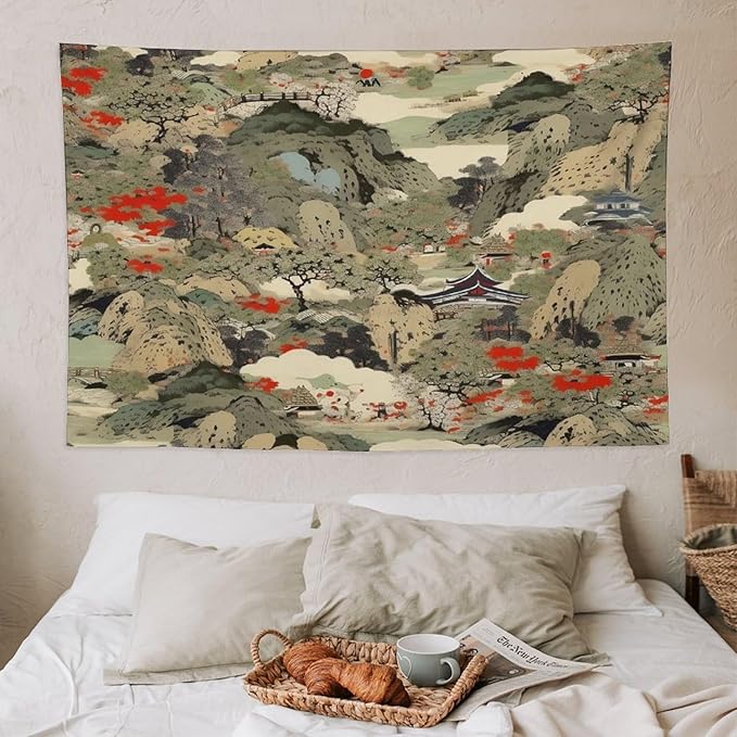 Asian Tapestry,Japanese Red Landscape Asian Watercolor Abstract Art Tapestry, Asian Japanese Wall Tapestry, Nature Landscape Tapestries for Bedroom Living Room Decor 60"x40"-Ruum Studio Home