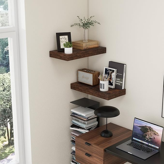 Deep Floating Shelves, 12 Inch Deep Rustic Floating Shelves Set of 2, 24 Inch Large Wall Mounted Wood Shelves for Books Laundry Room Living Room Bedroom Kitchen Home Office - Rustic Brown-Ruum Studio Home
