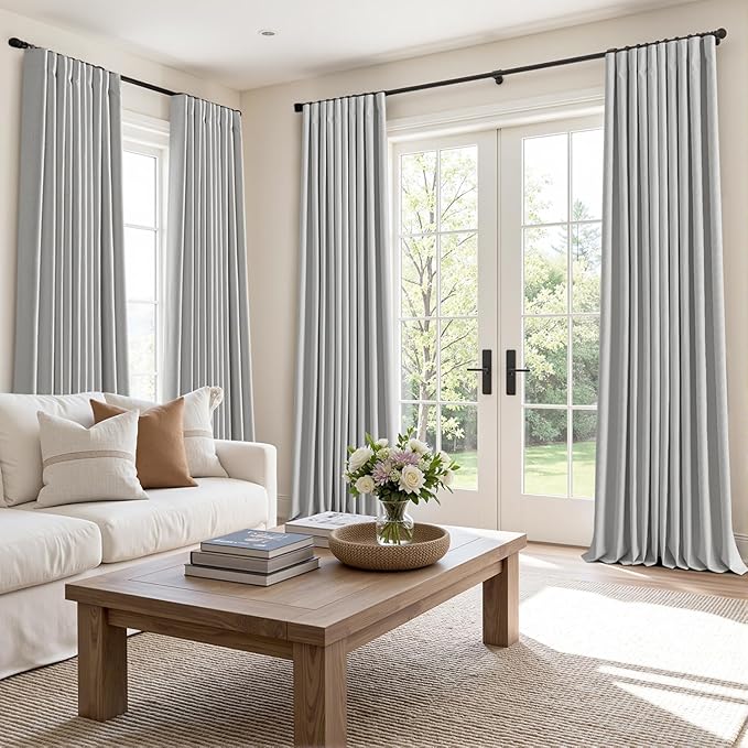 MIULEE 100% Blackout Curtains 120 Inch Long 2 Panels for Bedroom, Thick Luxury Faux Linen Black Out Curtain Room Darkening Back Tab Pleat Window Textured Drapes with Hooks for Living Room, Gery-Ruum Studio Home