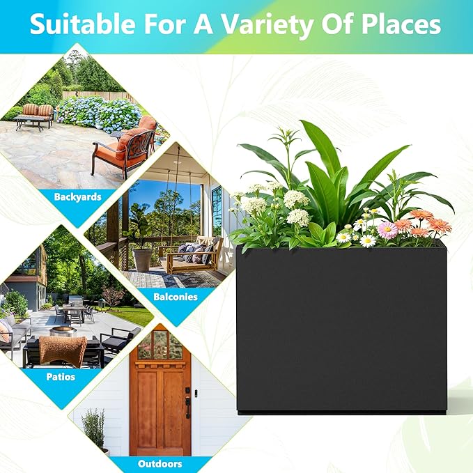 FENCY Metal Planter Box, Large Rectangular Planters for Outdoor Plants, Outdoor Tall Planters with Drainage Holes, Black Metal Planters (30" L x 12" W x 24" H)-Ruum Studio Home