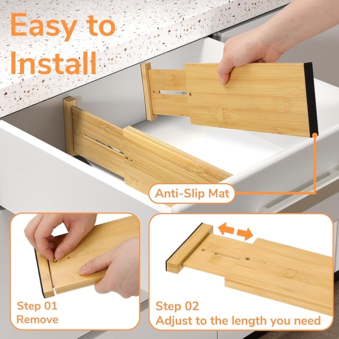 BAMEOS 4 PCS Bamboo Drawer Divider Adjustable Drawer Dividers Kitchen Drawer Organization Utensil Organizers for Kitchen Dresser Bathroom Bedroom and Office-Ruum Studio Home