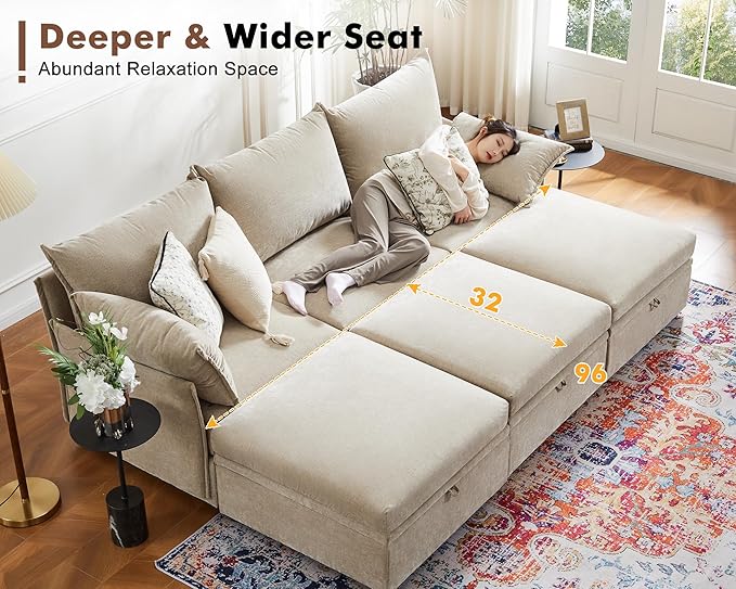 102.6" Modular Sectional Sofa, Oversized 3-Seater Couch with Removable Beige Chenille Fabric Cover, Deep Seat & High Backrest for Living Room, Office & Apartment-Ruum Studio Home