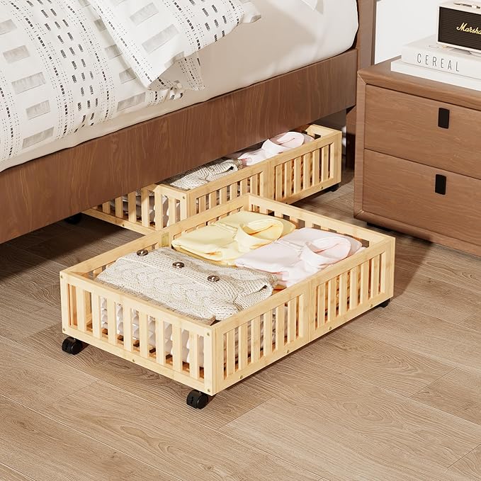 Bamboo Under Bed Storage with Wheels (2-Pack) – Rolling Underbed Shoe Organizer Box for Shoes, Blankets, Toys, Clothes Container Space-Saving Organizer Bins for Bedroom, Closet, Dorm, Nursery-Ruum Studio Home
