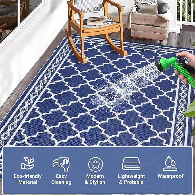GAOMON Outdoor Rug Waterproof 8'x10', Reversible Outdoor Plastic Straw Rug, Boho Patio Rug, Indoor Outdoor Carpet, RV Mat Outside for Patio, Camp, Picnic, Balcony, Deck, Navy/White(Geometric)-Ruum Studio Home