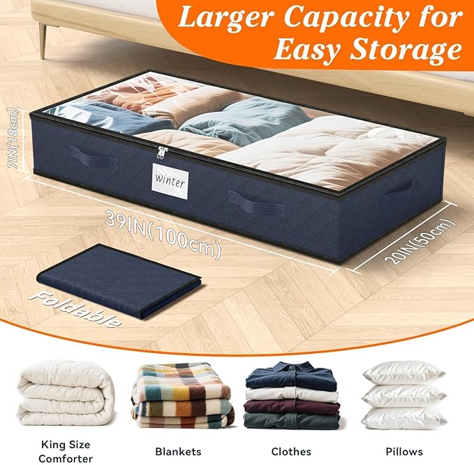 SpaceWhisper 90L Under Bed Storage Containers, 8-Pack Storage Bins with Clear Top, Foldable Closet Organizers and Storage with Label Holder for Clothing, Blankets, Comforter & Pillows(Blue)-Ruum Studio Home