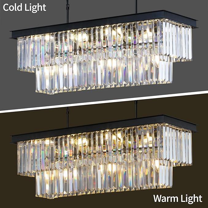 Crystal Chandeliers for Dining Room 11-Light Black Modern Chandelier Rectangle Contemporary Pendant Light Fixture for Kitchen Island Bar L33.5 Inch-Ruum Studio Home