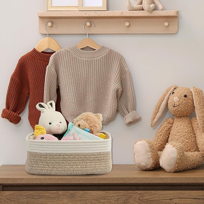 Small Woven Storage Baskets 13“X9”X5“ Decorative Rope Bins for Organizing Shelves, Closets, and Toys, Empty Gift Baskets, Cute Organizer Basket for Home and Office (white and brown, Large)-Ruum Studio Home