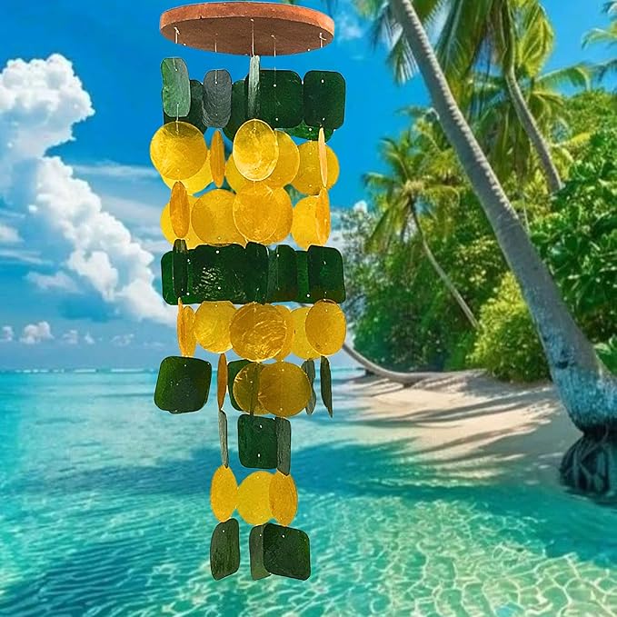 Bellaa 24896 Wind Chimes Outdoor, Garden Decorations, Musical, Indoor/Outside Windchimes, Beach, Ocean Breeze, Gifts for Mom, Gift for All Occasions, Capiz Sea Glass Shells Wood Yellow Green-Ruum Studio Home