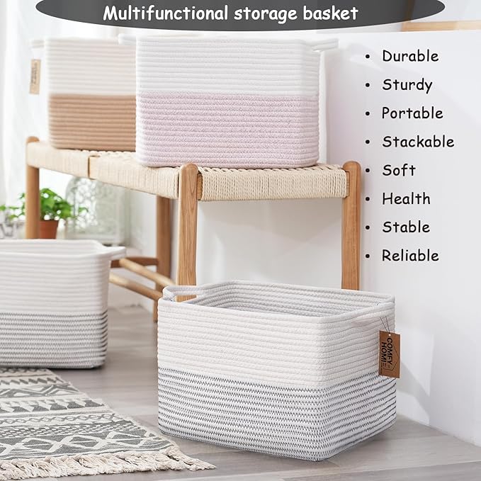 COMFY-HOMI 3 Pack Cotton Rope Square Basket with Handles - Storage & Organizer (White/Black Line, 13.5" x 11" x 9.5")-Ruum Studio Home