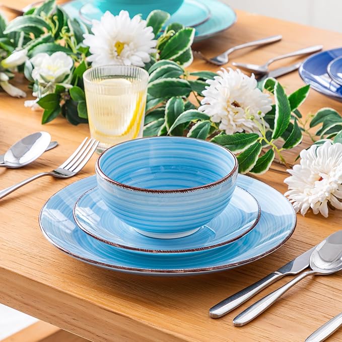 vancasso Bonita Dinnerware Set Blue Stoneware 18 Pieces Service for 4, Handpainted Spirals Pattern Stoneware Plates and Bowls Set-Ruum Studio Home
